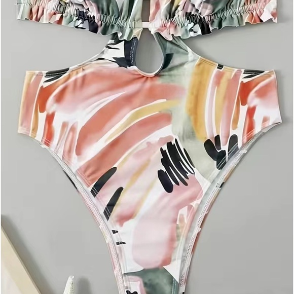 Painting Abstract Floral Side Cut-Out One-Piece Swimsuit Beachwear - Picture 6 of 7